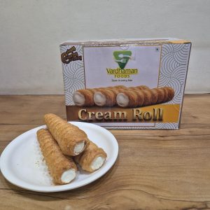Crispy Vardhaman Foods Cream Rolls on a white plate with product box packaging in the background.
