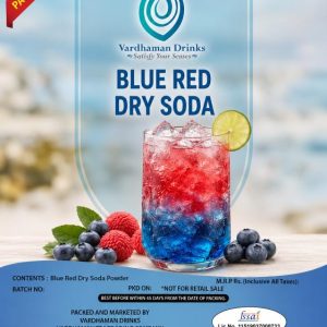Vardhaman Drinks Blue Red Dry Soda powder pack of 25, featuring a two-toned red and blue iced drink garnished with a lime slice and fresh berries.