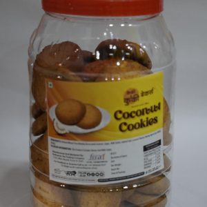 Clear plastic jar of Cakey and Cookie Bakers Coconut Cookies.