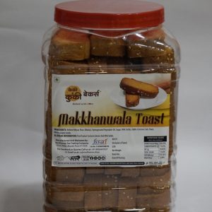 Clear jar of Cakey and Cookie Bakers Makkhanwala Toast with red cap.