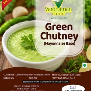 Vardhaman Foods Green Chutney Mayonnaise Base powder pack of 10, featuring a white bowl filled with creamy light-green chutney garnished with a fresh sprig of coriander.