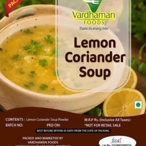 Vardhaman Foods Lemon Coriander Soup powder pack of 10, featuring a beige ceramic bowl filled with vibrant lemon coriander soup garnished with fresh herbs and lemon slices.