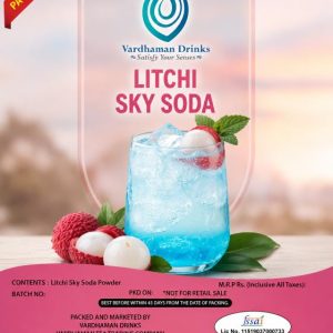 Vardhaman Drinks Litchi Sky Soda powder pack of 25, featuring a refreshing glass of bright blue iced soda garnished with mint and fresh litchi fruit.