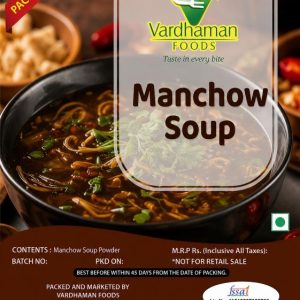 Vardhaman Foods Manchow Soup powder pack of 10, featuring a black bowl filled with rich hot manchow soup topped with crispy noodles and chopped cilantro.