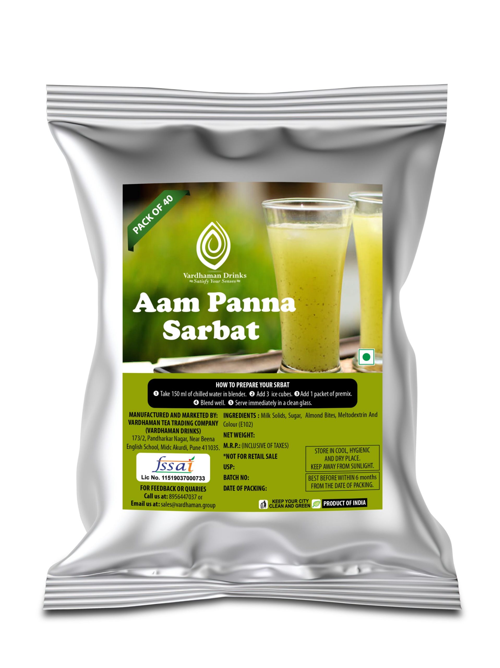 Vardhaman Drinks Aam Panna Sarbat pack of 40 foil pouch, displaying a glass of light green raw mango beverage.