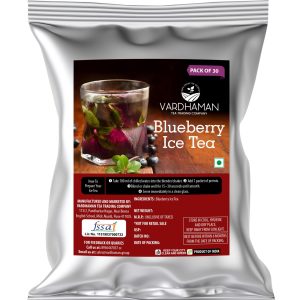 Vardhaman Tea Trading Company Blueberry Ice Tea pack of 30 foil pouch, displaying a glass of deep purple iced tea garnished with fresh mint and blueberries.