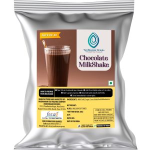 Vardhaman Drinks Chocolate Milkshake pack of 40 foil pouch, displaying a tall ribbed glass of rich chocolate milkshake with a straw.