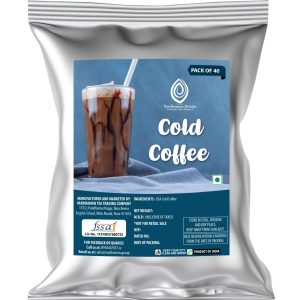 Vardhaman Drinks Cold Coffee pack of 40 foil pouch, displaying a tall glass of iced cold coffee drizzled with chocolate syrup.