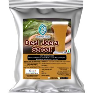 Vardhaman Drinks Desi Jeera Sarbat pack of 30 foil pouch, displaying a tall glass of jeera drink next to a bowl of cumin seeds.