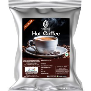 Vardhaman Drinks Hot Coffee pack of 100 foil pouch, displaying a steaming cup of freshly brewed coffee resting on a saucer surrounded by roasted coffee beans.