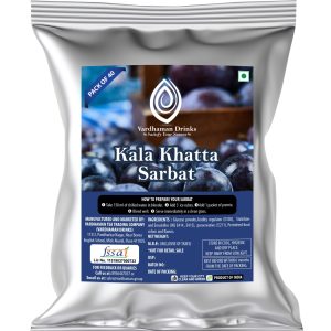 Vardhaman Drinks Kala Khatta Sarbat pack of 40 foil pouch, featuring black jamun / black grape berries background.
