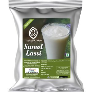 Vardhaman Drinks Sweet Lassi pack of 40 foil pouch, displaying a glass of creamy white sweet lassi beverage.