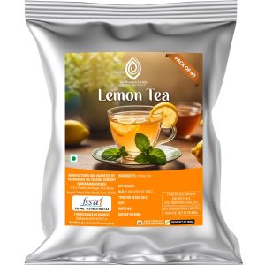 Vardhaman Drinks Lemon Tea pack of 60 foil pouch, displaying a clear glass cup of hot lemon tea garnished with fresh lemon slices and mint leaves.