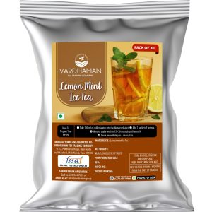 Vardhaman Tea Trading Company Lemon Mint Ice Tea pack of 30 foil pouch, displaying a tall glass of chilled iced tea garnished with fresh mint leaves and lemon slices.