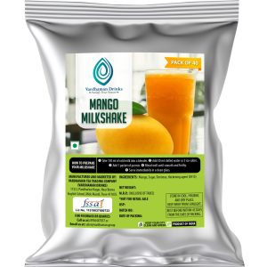 Vardhaman Drinks Mango Milkshake pack of 40 foil pouch, displaying a tall glass of yellow mango milkshake next to a fresh ripe mango.