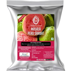 Vardhaman Drinks Masala Peru Sarbat pack of 40 foil pouch, displaying sliced fresh pink guava and whole green guavas.