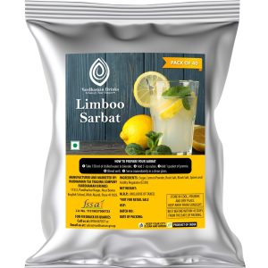 Vardhaman Drinks Limboo Sarbat pack of 40 foil pouch, displaying a glass of fresh lemonade garnished with mint leaves and lemon slices.