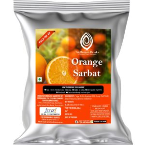 Vardhaman Drinks Orange Sarbat pack of 40 foil pouch, displaying fresh orange slices and fruit background.