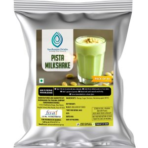 Vardhaman Drinks Pista Milkshake pack of 40 foil pouch, displaying a glass of light green pistachio milkshake topped with crushed pistachios.