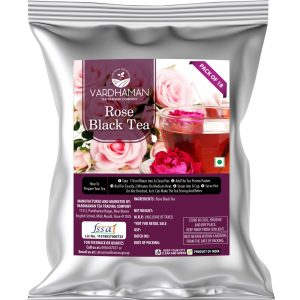 Vardhaman Tea Trading Company Rose Black Tea pack of 18 foil pouch, featuring a glass cup of brewed tea garnished with pink rose petals.