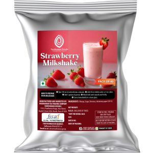 Vardhaman Drinks Strawberry Milkshake pack of 40 foil pouch, displaying a glass of pink milkshake garnished with fresh strawberries.