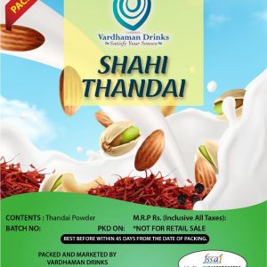 Product packaging label for Vardhaman Drinks Shahi Thandai Powder Pack of 25, featuring splashing milk, almonds, pistachios, cashews, and saffron.