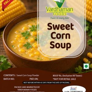 Vardhaman Foods Sweet Corn Soup powder pack of 10, featuring a warm wooden bowl of creamy sweet corn soup garnished with fresh parsley.