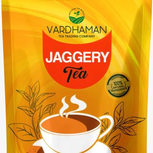 Vardhaman Tea Trading Company Jaggery Tea yellow stand-up pouch made with 100% natural ingredients.