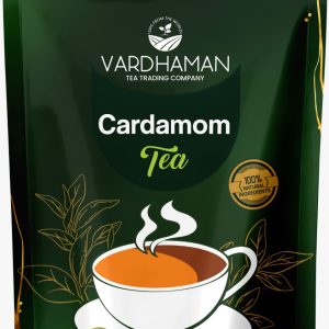 Vardhaman Tea Trading Company Cardamom Tea dark green stand-up pouch made with 100% natural ingredients.