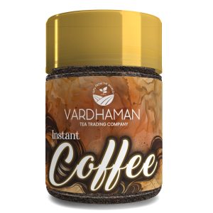 Vardhaman Tea Trading Company Instant Coffee glass jar with gold lid.