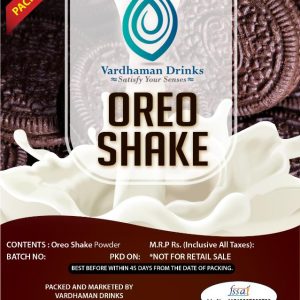 Product packaging label for Vardhaman Drinks Oreo Shake Powder Pack of 25 featuring splashing milk and chocolate cream cookies on a dark brown background.