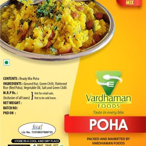 Product packaging label for Vardhaman Foods Ready Mix Poha featuring a plate of garnished yellow poha on a yellow background.