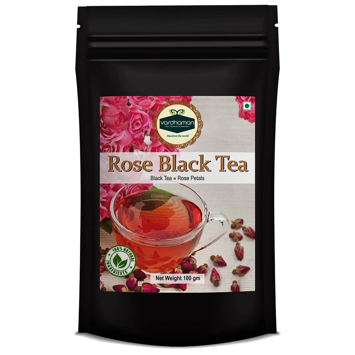 Black stand-up pouch of Vardhaman 100g Rose Black Tea, featuring a label with a clear glass cup of tea and pink rose petals.