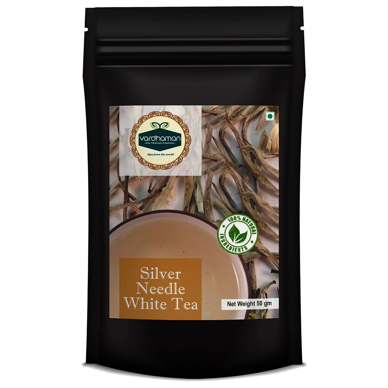 Black stand-up pouch of Vardhaman 50g Silver Needle White Tea, featuring a label with dried white tea leaves and a teacup.